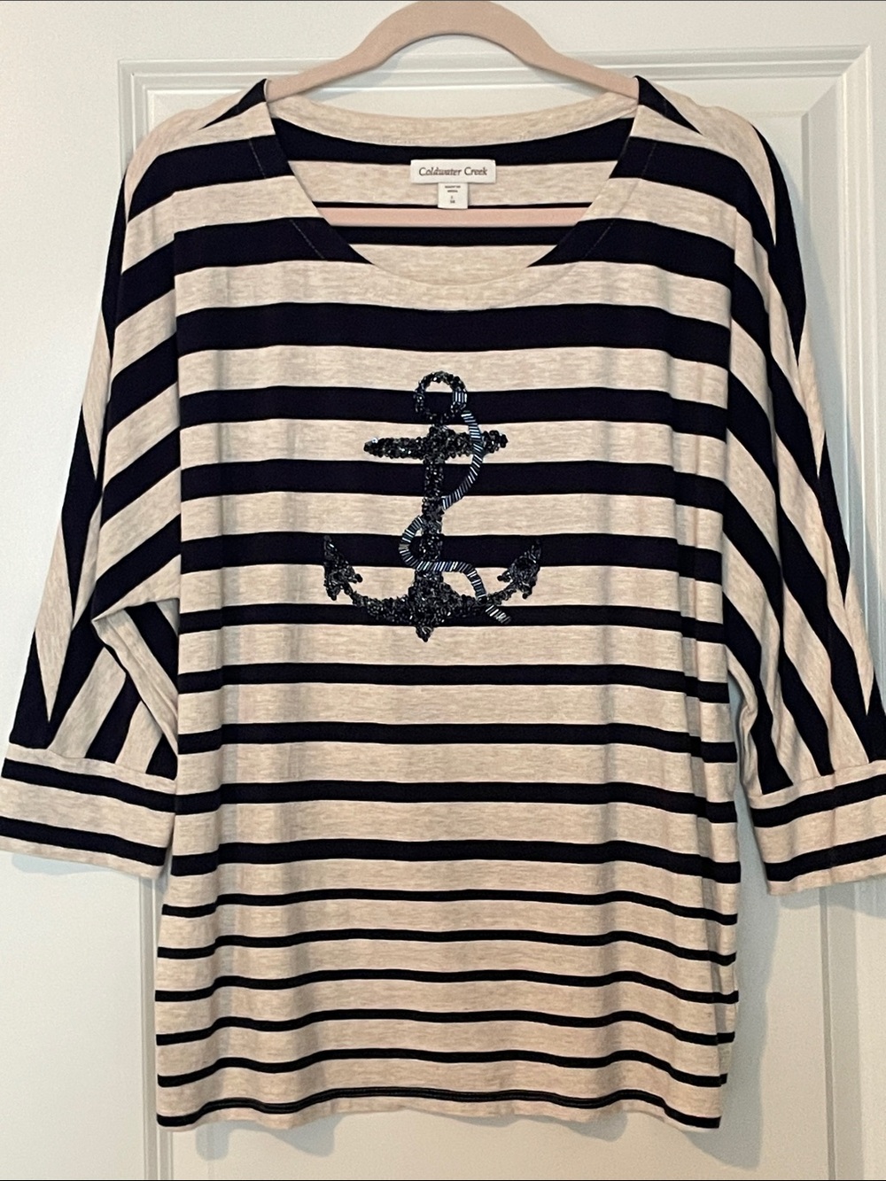 Coldwater Creek Navy Striped 3/4 Sleeve Top with Bling Anchor
